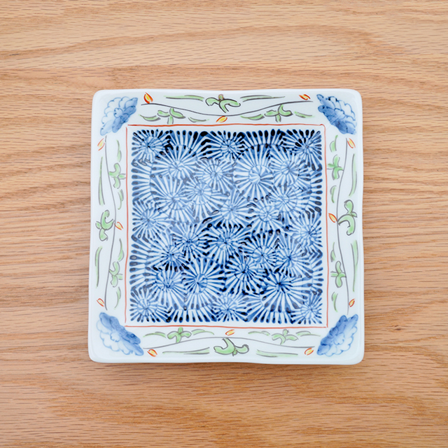 藍土　藍土な休日　和食器　通販　有田焼　そうた窯　角皿　唐草　染錦　プレート　スクエア　取皿