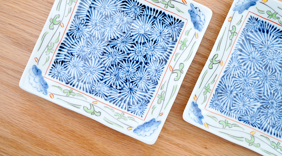 藍土　藍土な休日　和食器　通販　有田焼　そうた窯　角皿　唐草　染錦　プレート　スクエア　取皿