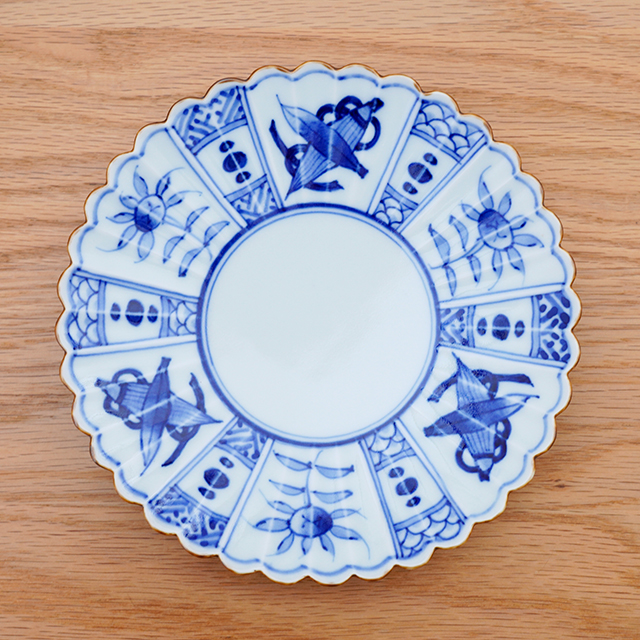 渕サビ芙蓉手菊型18cmプレート［梶謙製磁社］│ケーキ皿や取皿に