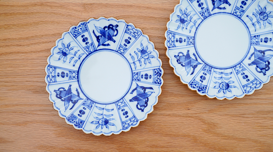 渕サビ芙蓉手菊型18cmプレート［梶謙製磁社］│ケーキ皿や取皿に