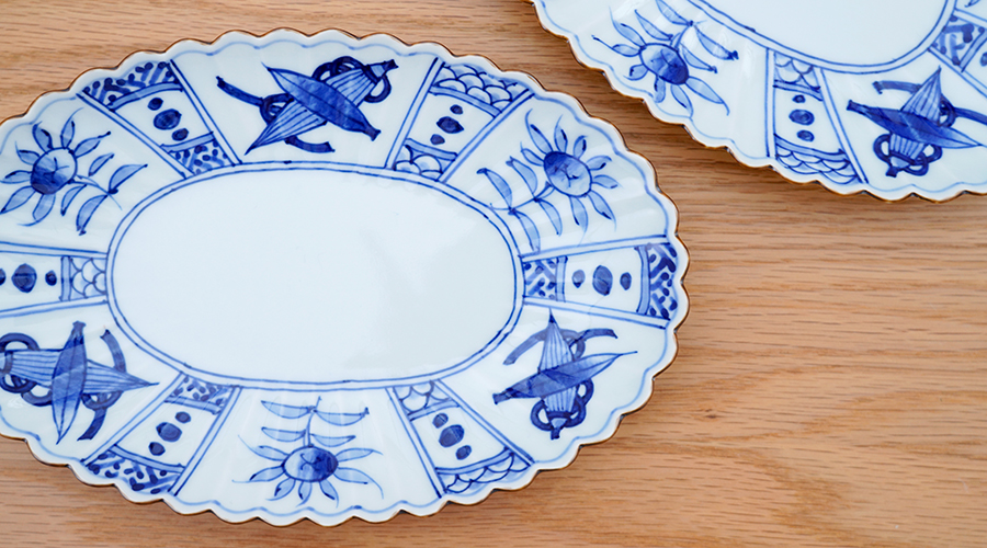 渕サビ芙蓉手菊型楕円プレート［梶謙製磁社］│1人分のメイン